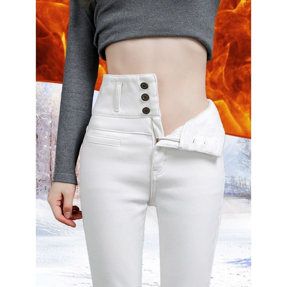 白色加绒牛仔裤女秋冬高腰弹力修身显瘦紧身休闲小个子小脚铅笔裤