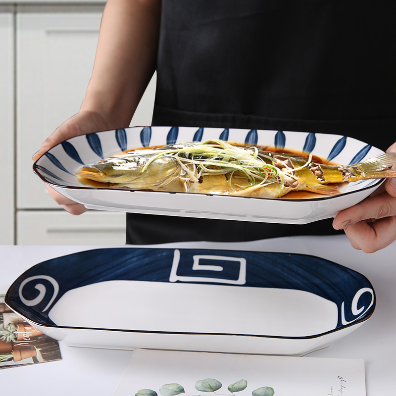 陶瓷鱼盘大号早餐盘蒸鱼盘家用菜盘长方形鱼盘寿司盘子网餐具日式