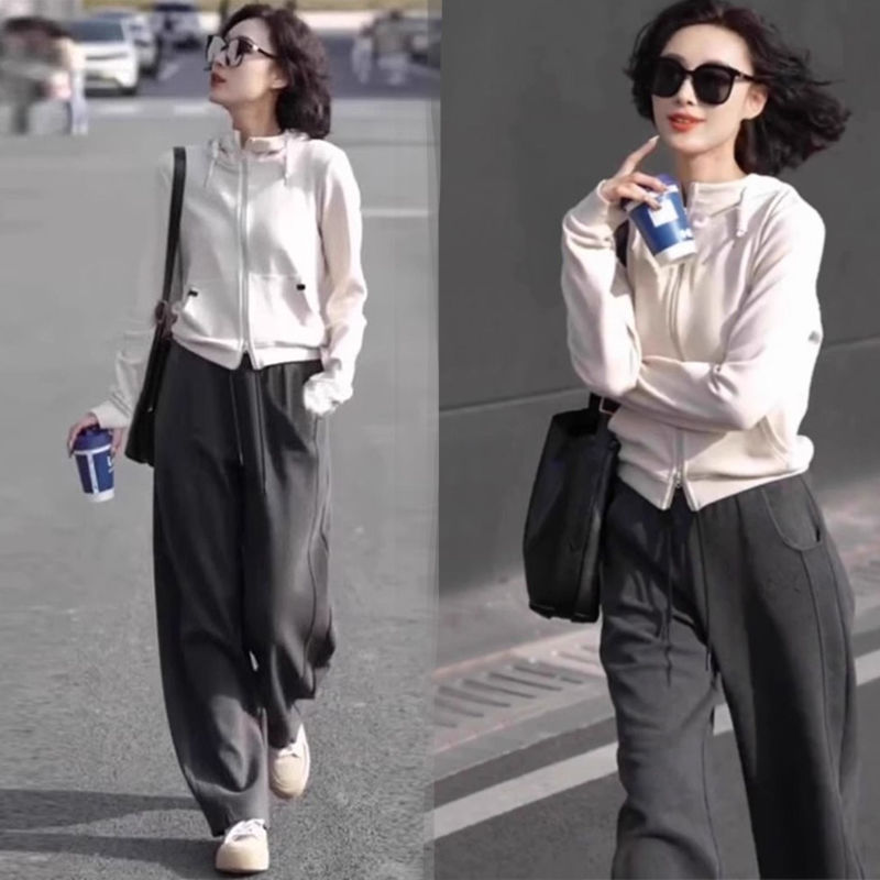 春秋开衫外套套装女装2025年新款时尚洋气阔腿裤连帽卫衣两件套