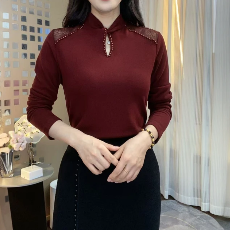 秋冬新款镂空钉珠中式立领盘扣打底衫时尚百搭减龄长袖女士小衫