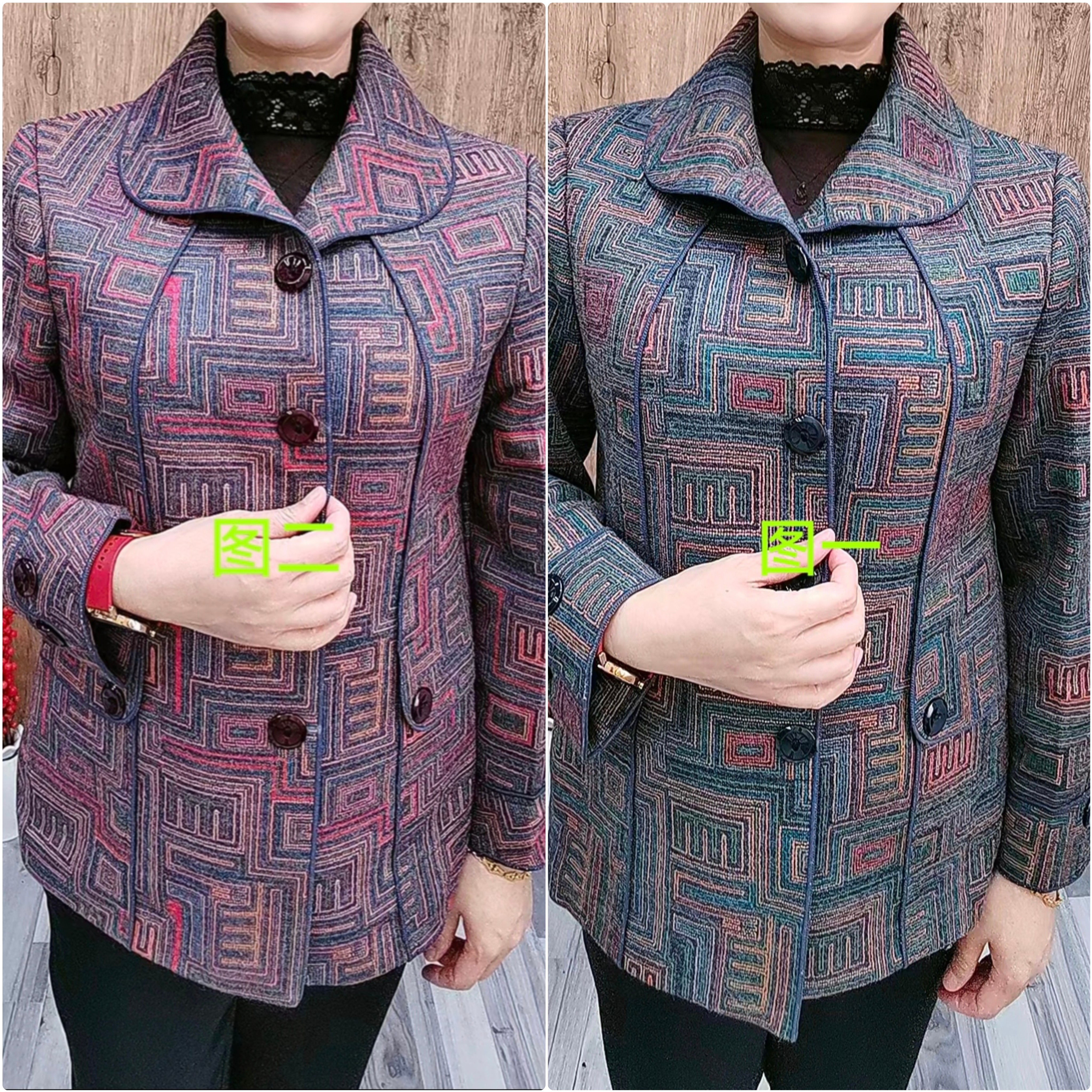 春秋新款格型翻领外套【百搭】时尚休闲妈妈款减龄短款中老年妈妈装