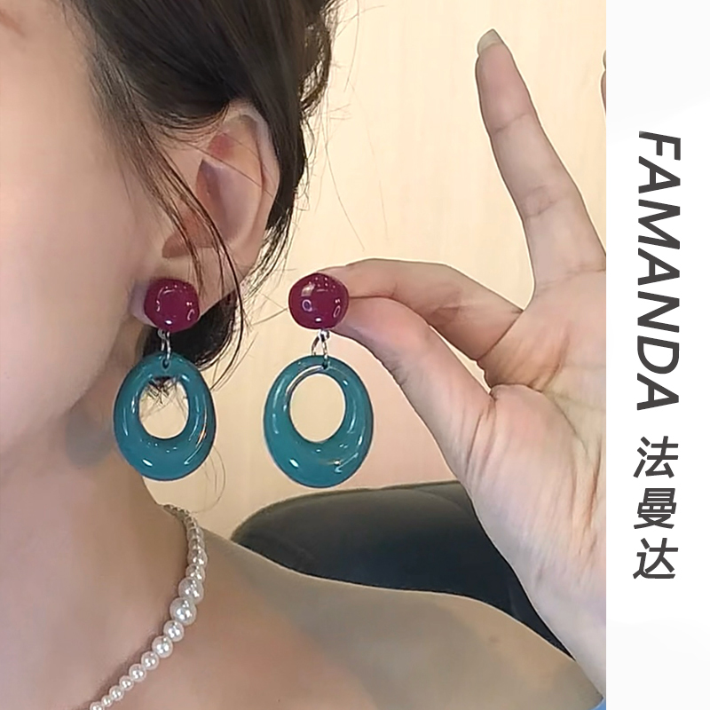 铜合金亚克力耳饰 【月光宝盒】港风复古撞色耳坠气质时尚个性耳环