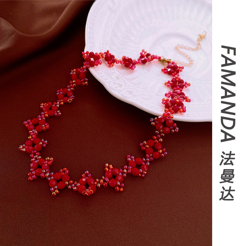 铜合金亚克力项链 【细闪项链】酒红锁骨链手工轻奢复古红色颈链