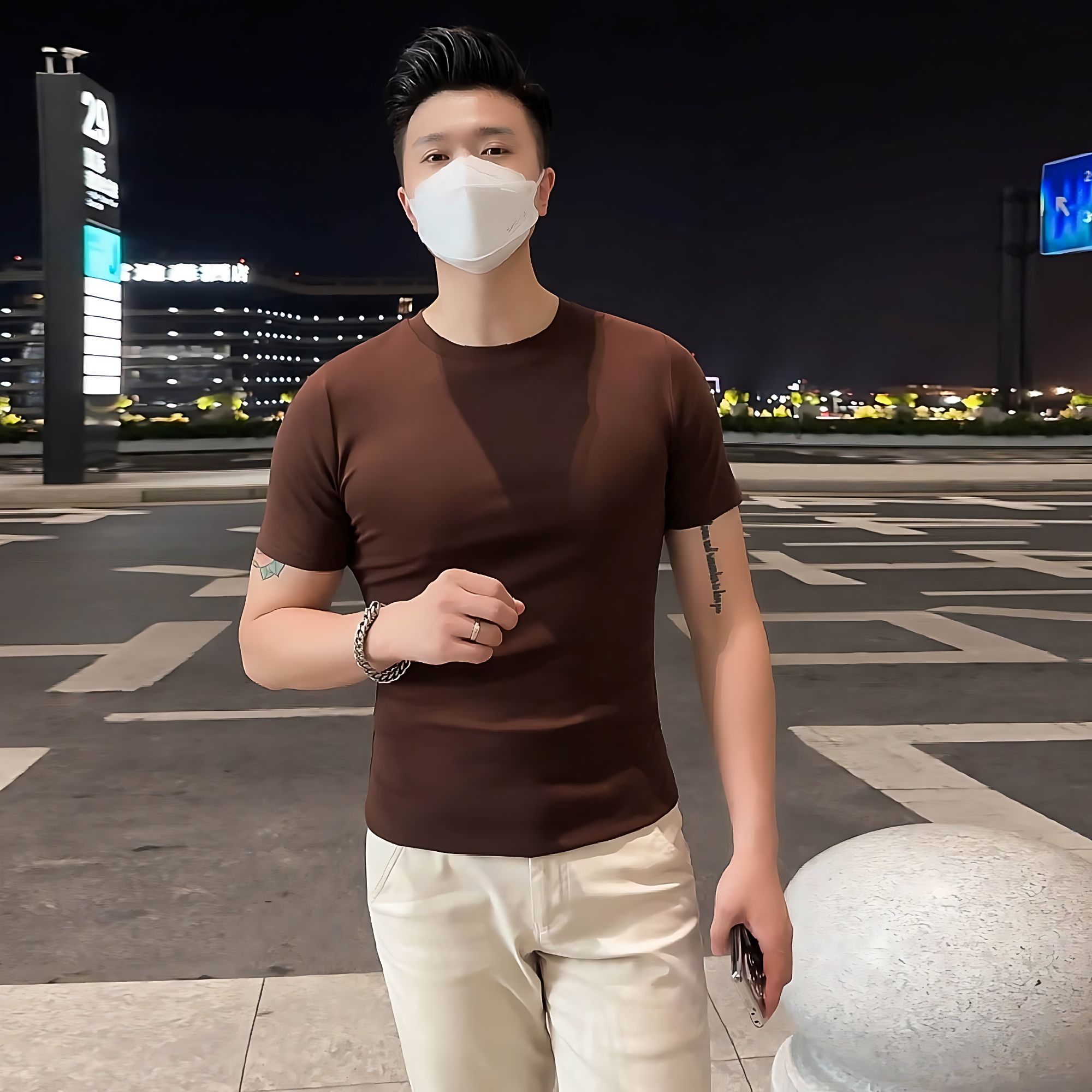 猎撒夏季男士百搭简约短袖T恤纯色半袖潮流修身弹力圆领打底衫潮
