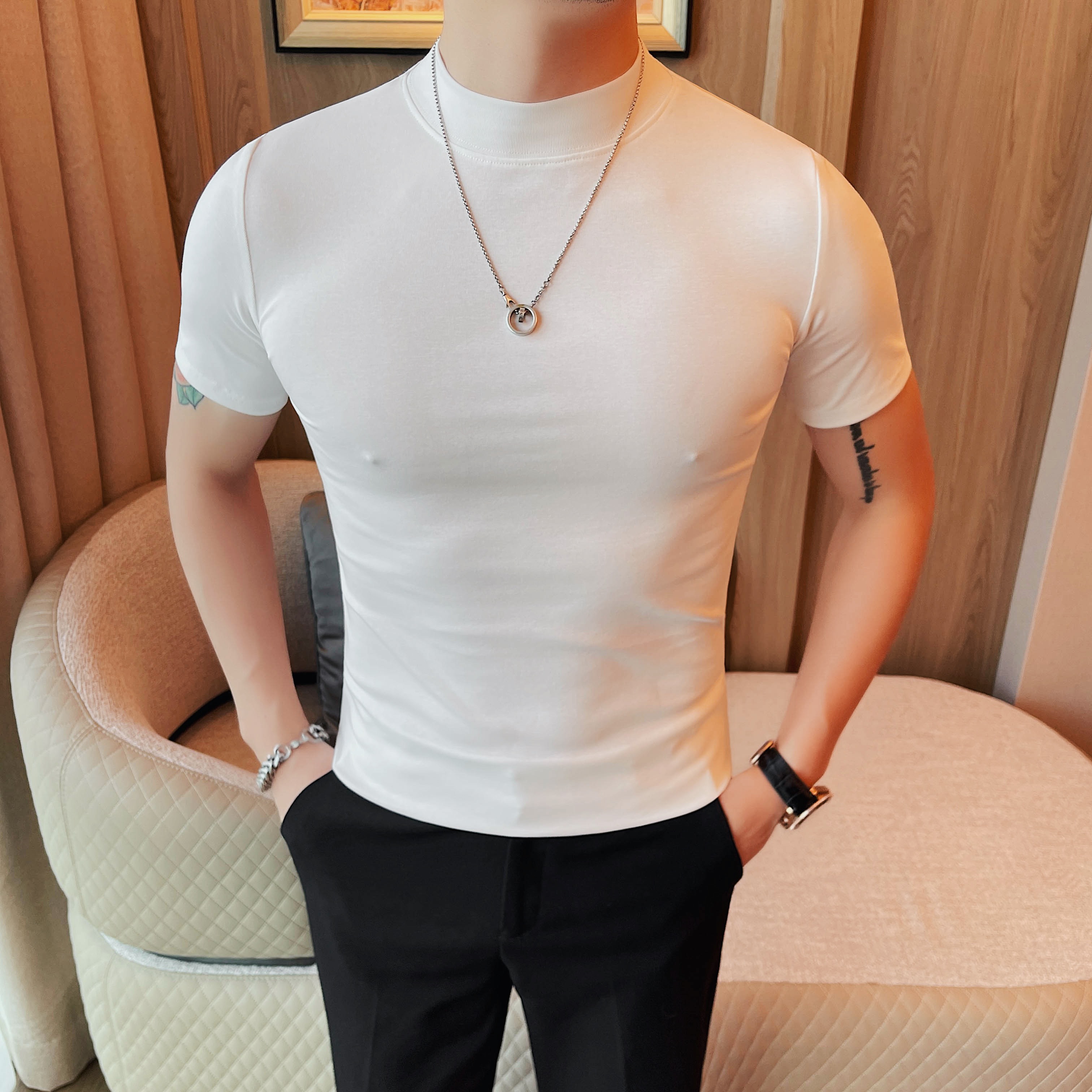 猎撒夏季韩版修身男士小领短袖T恤纯色圆领百搭打底衫半袖体恤衫