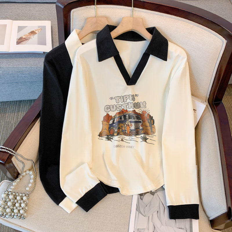 yoewshean/羽媗微胖妹妹大码女装秋季薄款V领正肩长袖T恤遮肚上衣