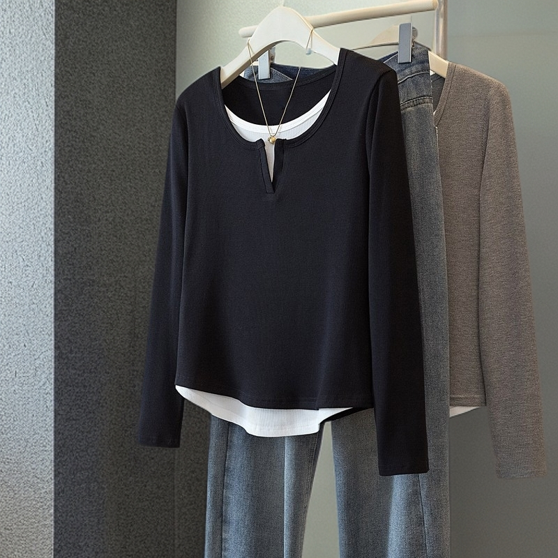 yoewshean/羽媗微胖妹妹假两件V领正肩长袖t恤女春秋装显瘦上衣