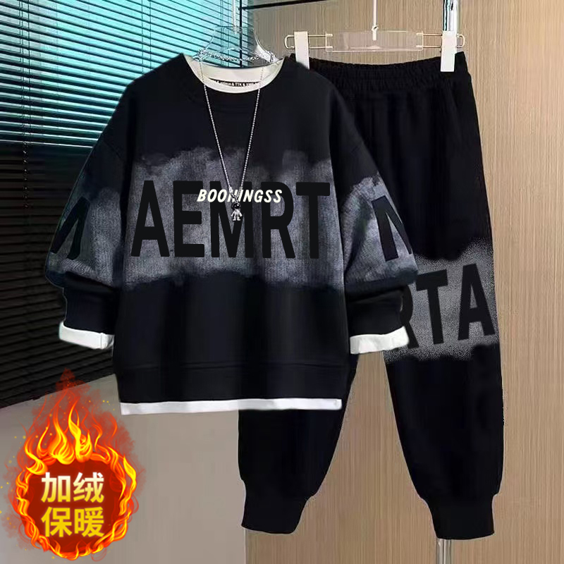 小胖墩胖童装男童秋冬装加绒套装青少年加厚款一体绒卫衣两件套棉