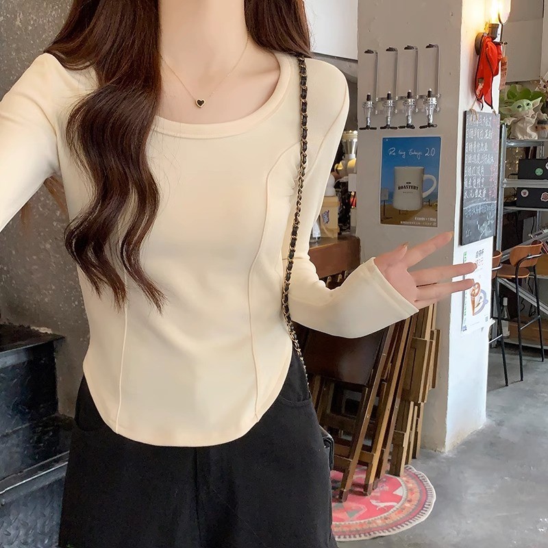 秋冬2024新款鱼骨德绒打底衫女设计感长袖正肩T恤修身显瘦上衣ins