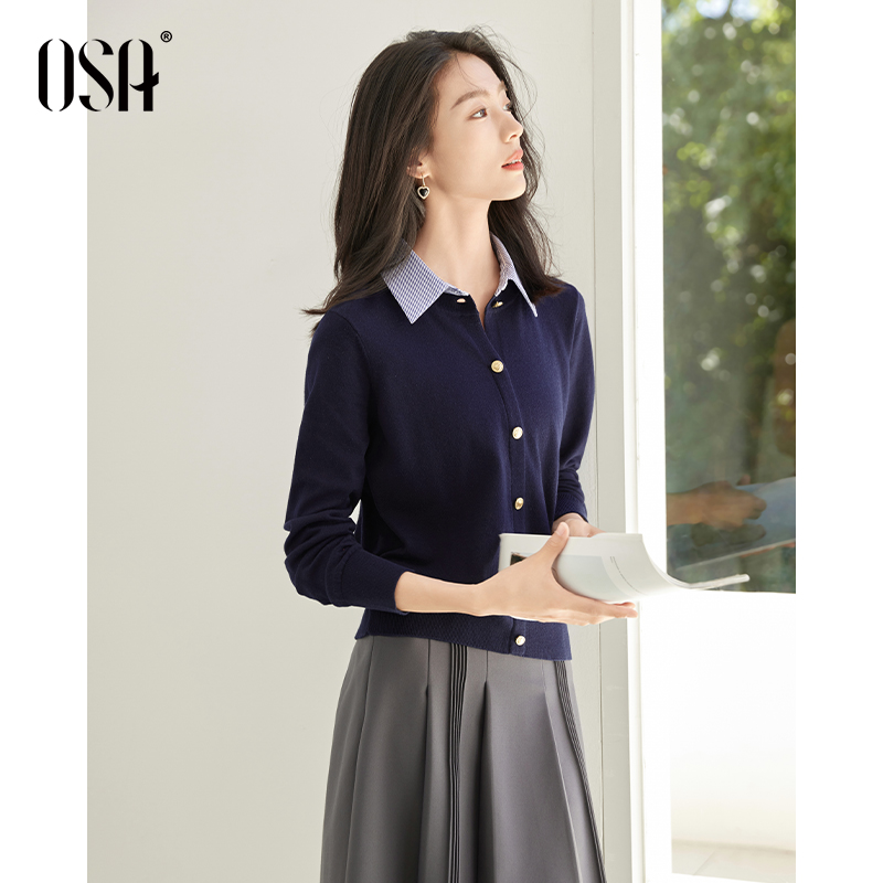 OSA/欧莎 假两件衬衫领学院风针织衫秋季叠穿毛衣S124C16019