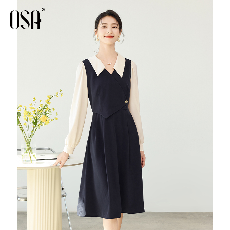 OSA/欧莎 2025年秋季假两件收腰长袖衬衫连衣裙女S124C13002
