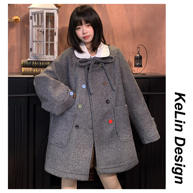 日系复古绑带毛呢外套女2025冬季新款宽松休闲设计感彩扣呢子大衣