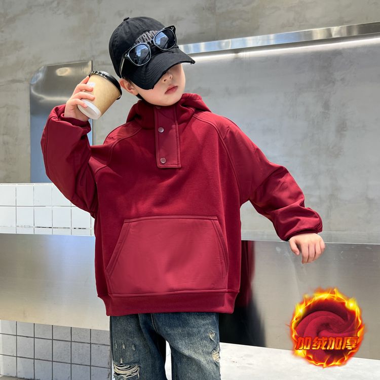 男童红色加绒连帽卫衣一体绒中大童新年衣服儿童本命年蛇年拜年服