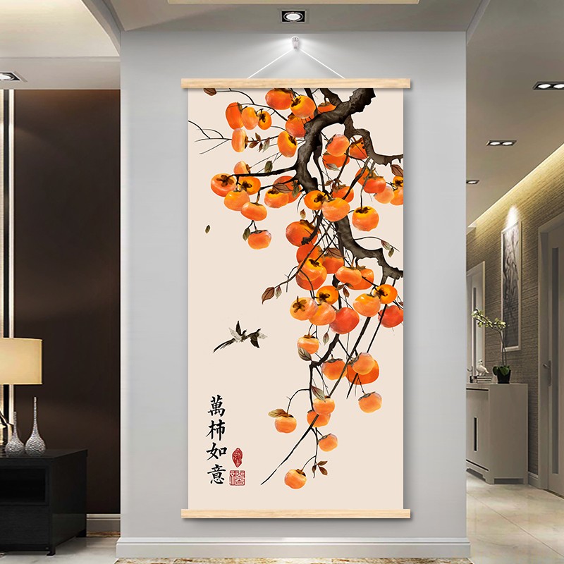 柿柿如意免打孔柿子挂画玄关装饰画入户墙壁画客厅实木新中式手工