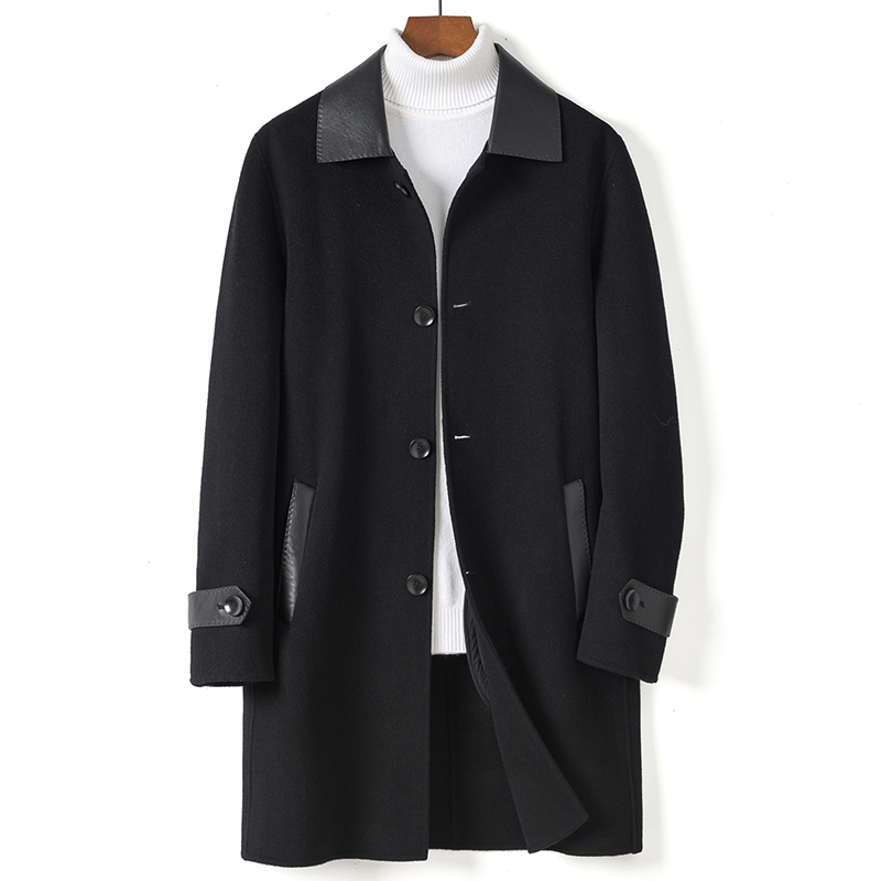 新款毛呢大衣中长款真皮翻领商务休闲双面呢100%羊毛风衣男士外套