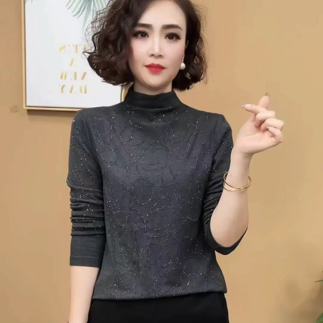 秋季新款时尚洋气百搭半高领长袖打底衫显瘦气质女士上衣#5652