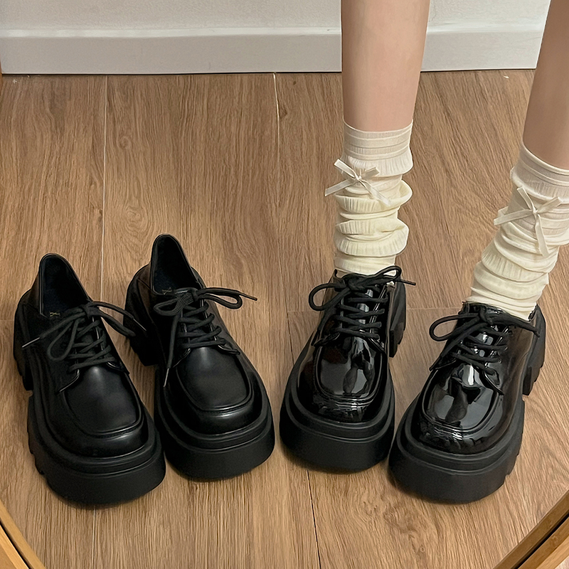 黑色圆头英伦风厚底小皮鞋女春秋2025新款法式复古增高深口单鞋子