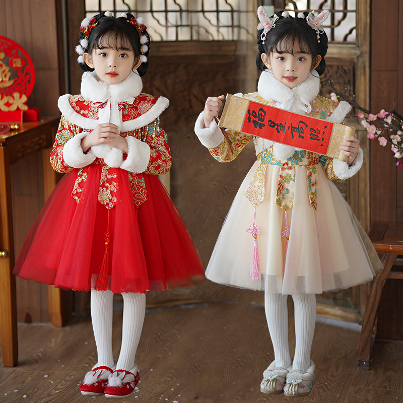 女童旗袍连衣裙冬季加绒加厚唐装儿童中国风汉服公主裙宝宝拜年服