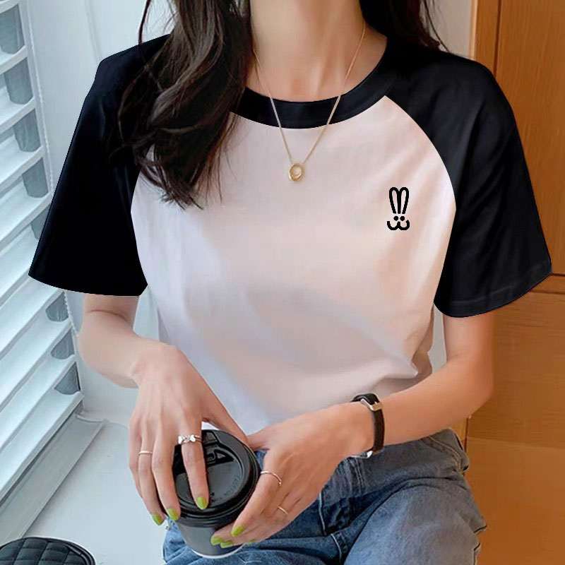 插肩袖圆领拼接抗皱几何短袖T恤半袖夏装夏季时尚百搭简约显瘦ins