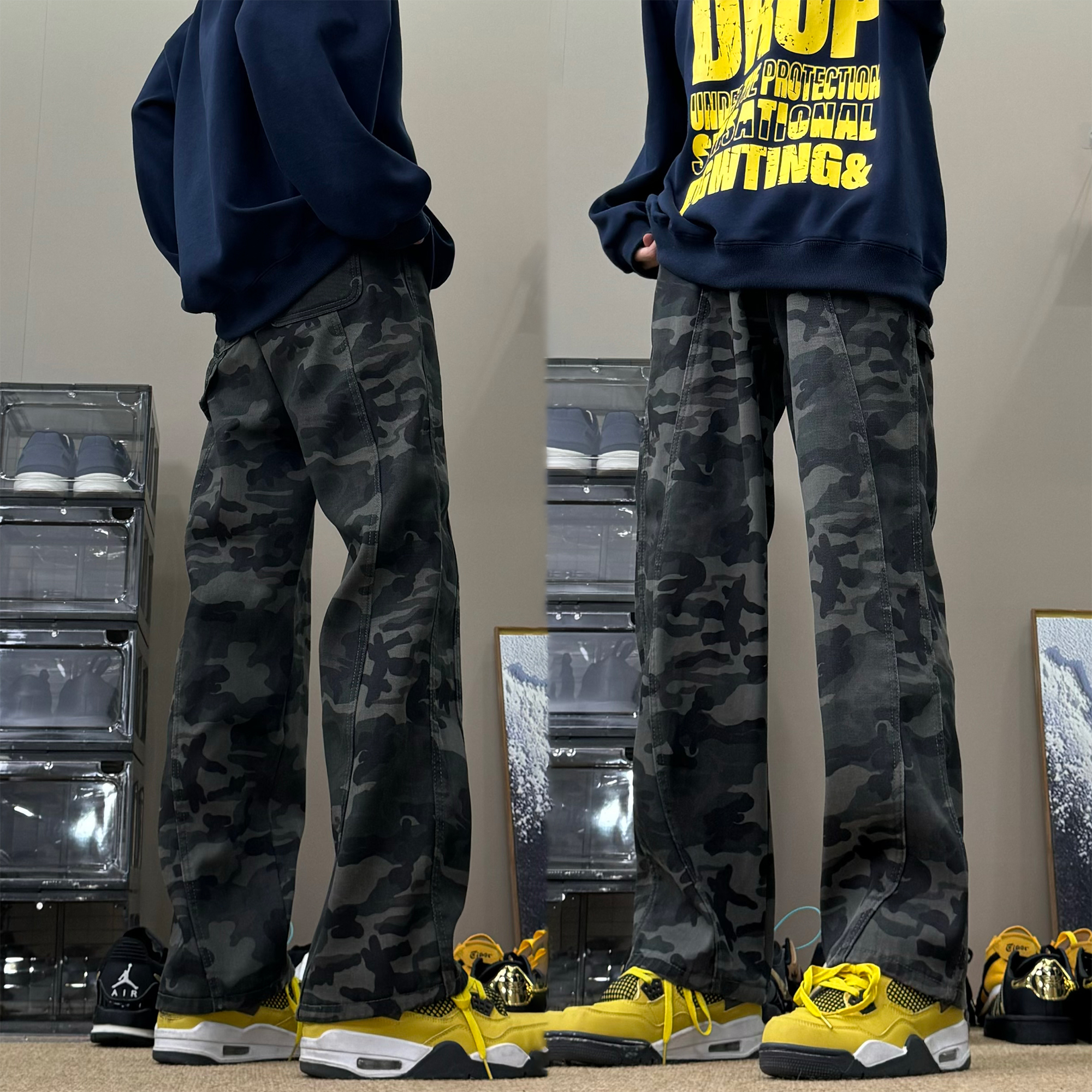 美式复古迷彩牛仔裤子男款秋冬休闲直筒裤高街hiphop伐木工装裤