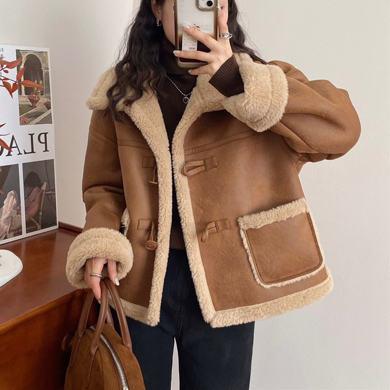 【小沫家】翻领皮毛一体外套女2025秋冬季新款加厚麂皮绒机车服上衣