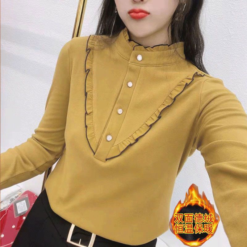 双面德绒立领长袖t恤女秋冬新款洋气百搭显瘦衬衣内搭保暖打底衫