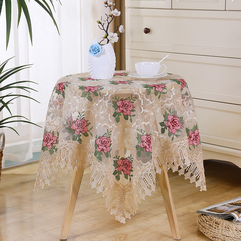 【90*90cm】富贵花咖色盖巾餐桌茶几布简约电视盖布桌布
