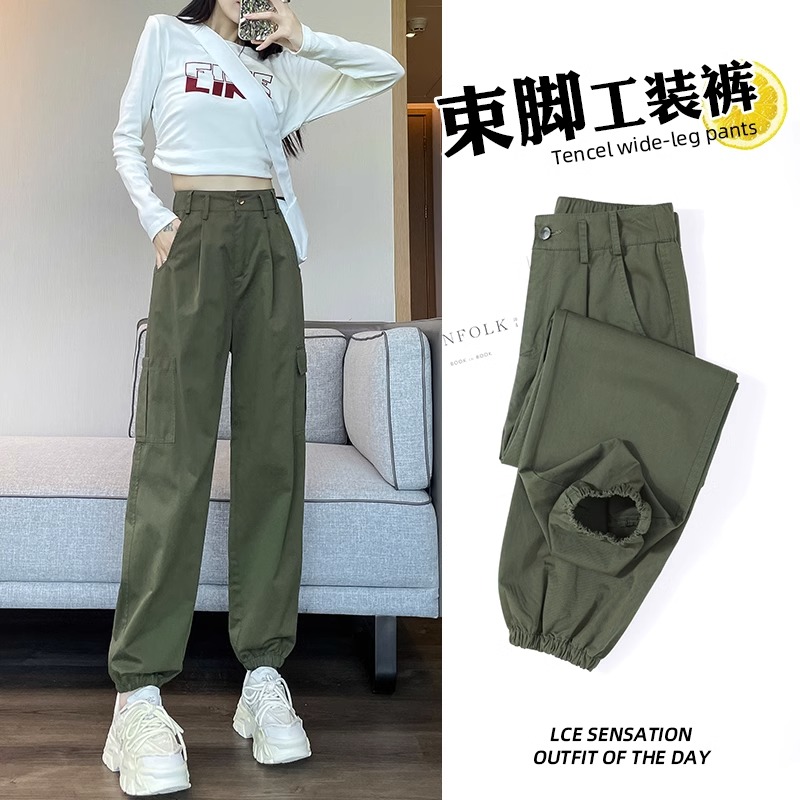 美式工装裤女春秋季2024新款高腰显瘦小个子束脚哈伦登山运动裤子