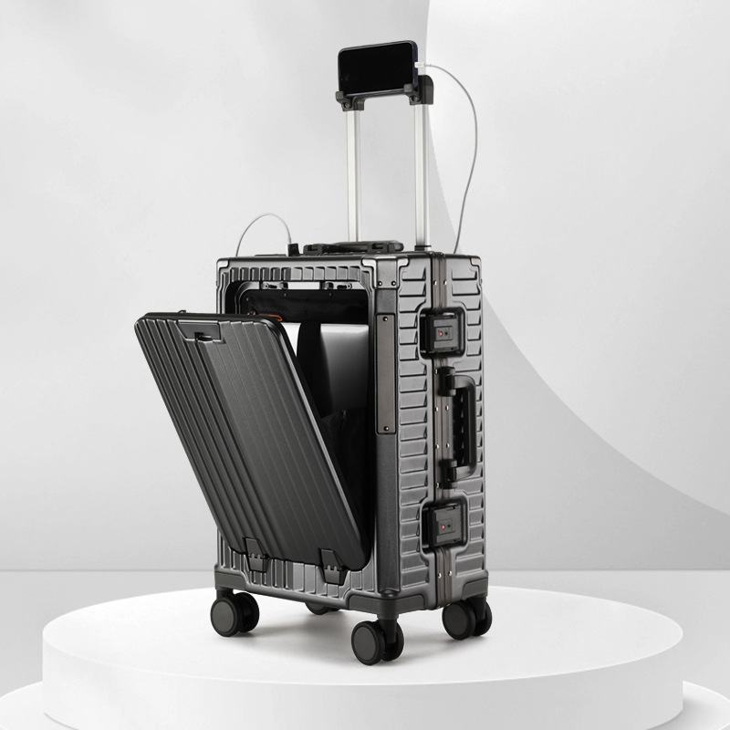 前开口登机箱旅行箱拉杆箱男士时尚铝框防刮PC轻便休闲
