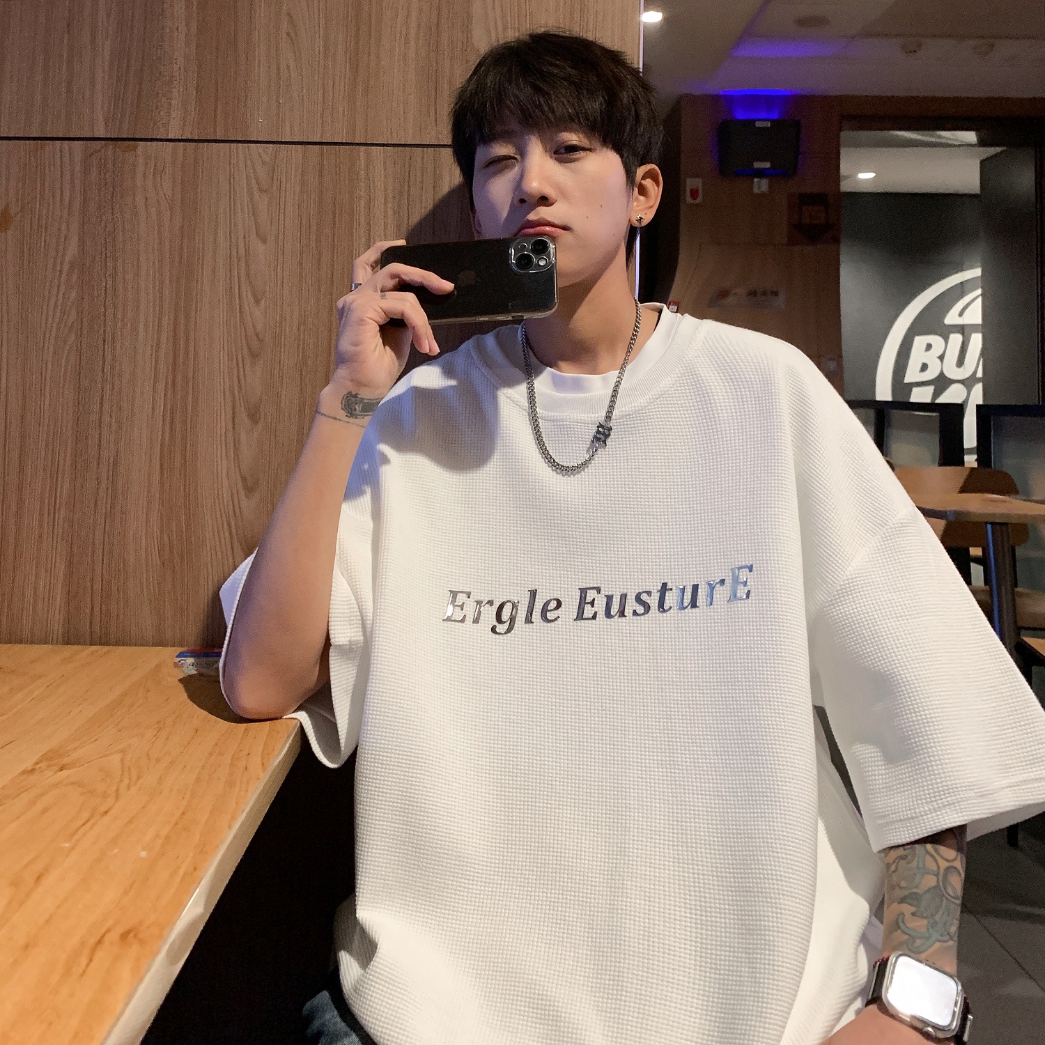 NINEDAO/玖岛华夫格短袖t恤男夏季2025韩版潮流半袖宽松体恤上衣