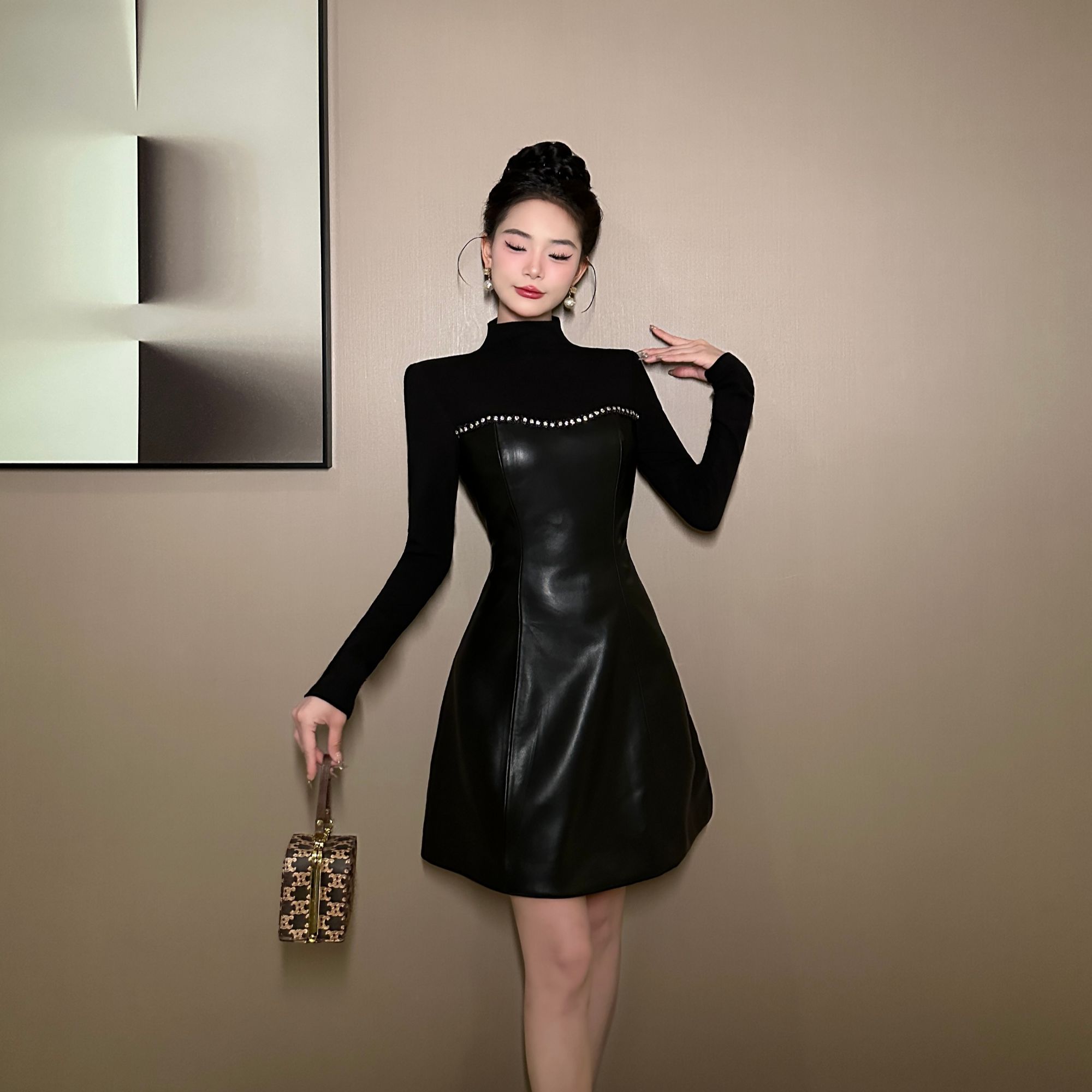 【花花原创】显瘦气质拼接皮裙性感复古时尚修身收腰连衣裙21596