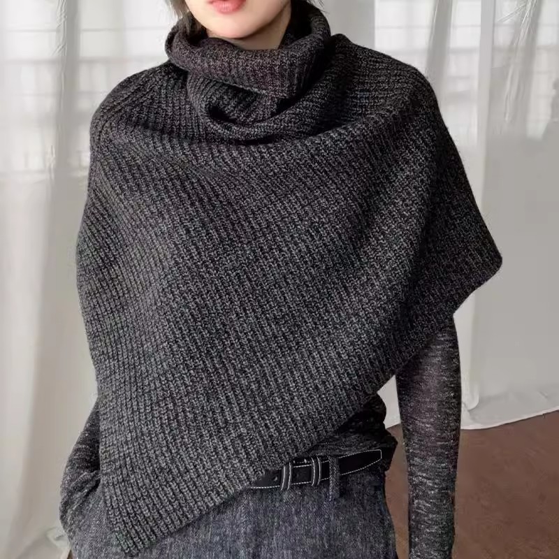 黑色高领针织披肩围巾女冬季外搭叠穿保暖脖套开叉套头围脖护颈厚