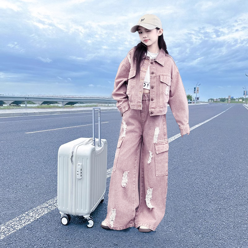 女大童春秋装牛仔套装2025新款儿童洋气炸街韩版工装阔腿裤两件套