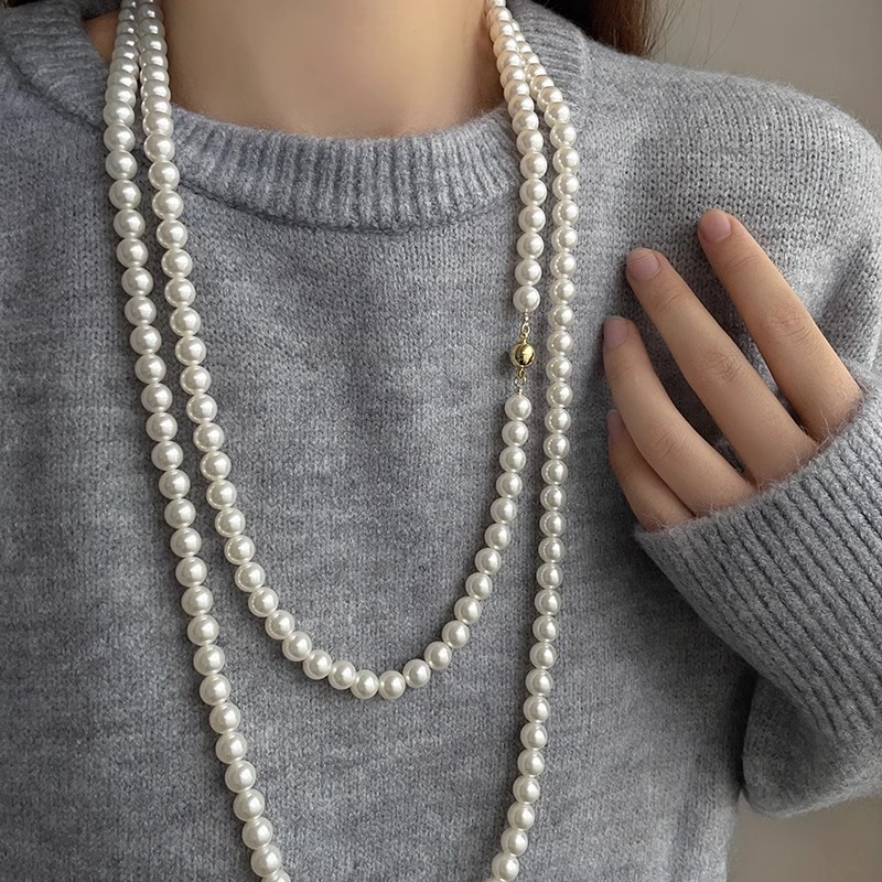 钛钢仿珍珠项链 长款珠珠毛衣链女大气高档项链锁骨链法式小香风s