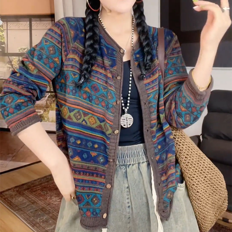 毛衣外套文艺新款复古时尚长袖针织衫设计感印花圆领休闲慵懒上衣