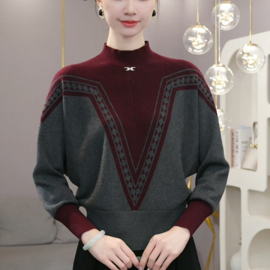 中年女士时尚撞色休闲上衣洋气百搭保暖长袖毛衣宽松显瘦针织衫