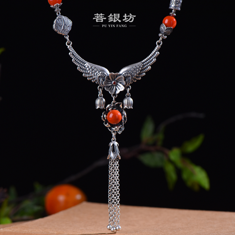 【菩银坊】南红S925银 天使之翼牡丹流苏红珠项链 50+5cm