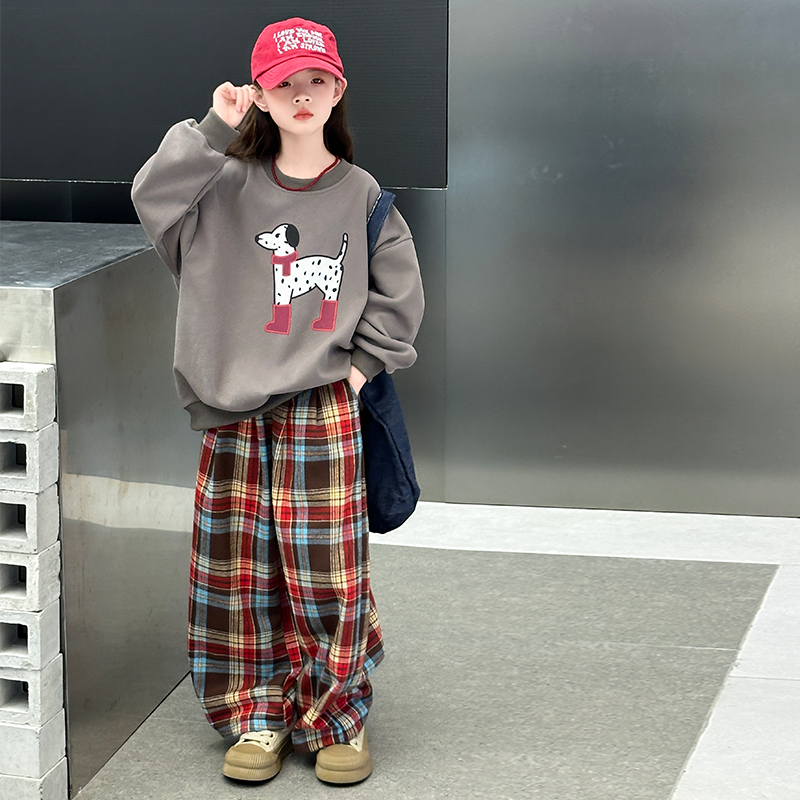 女童秋季网红格子裤儿童春秋休闲卫衣套装女大童洋气时髦春秋款潮
