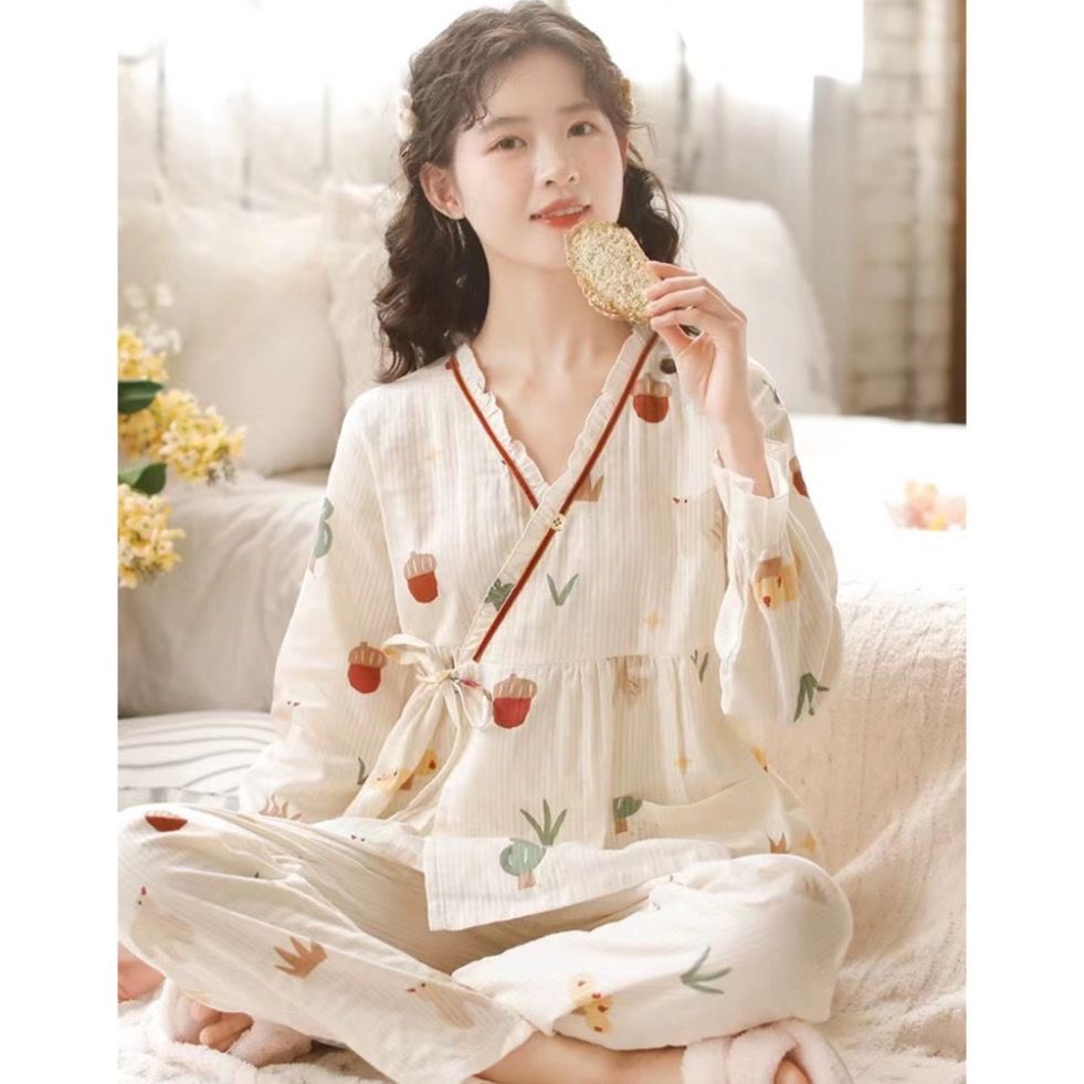 甜美睡衣春秋季吸汗和服睡衣女长袖薄款月子服春夏季家居服套装