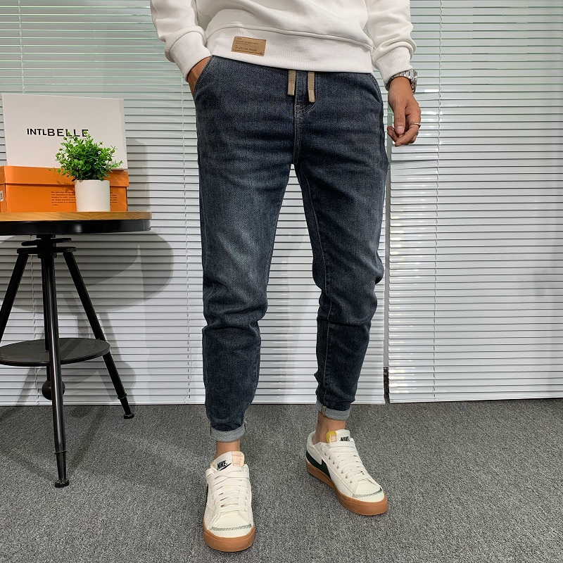 松紧腰九分牛仔裤男秋冬新款韩版潮流修身小脚斜口袋简约抽绳长裤