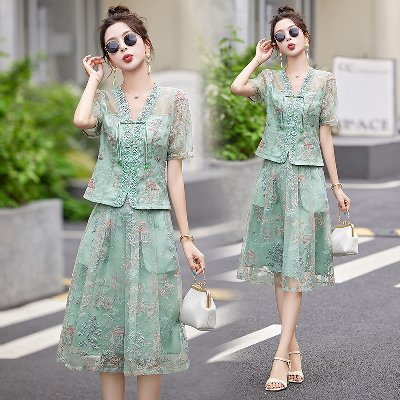 新中式国风欧根纱套装女2024年夏季新款复古盘扣刺绣半身裙两件套