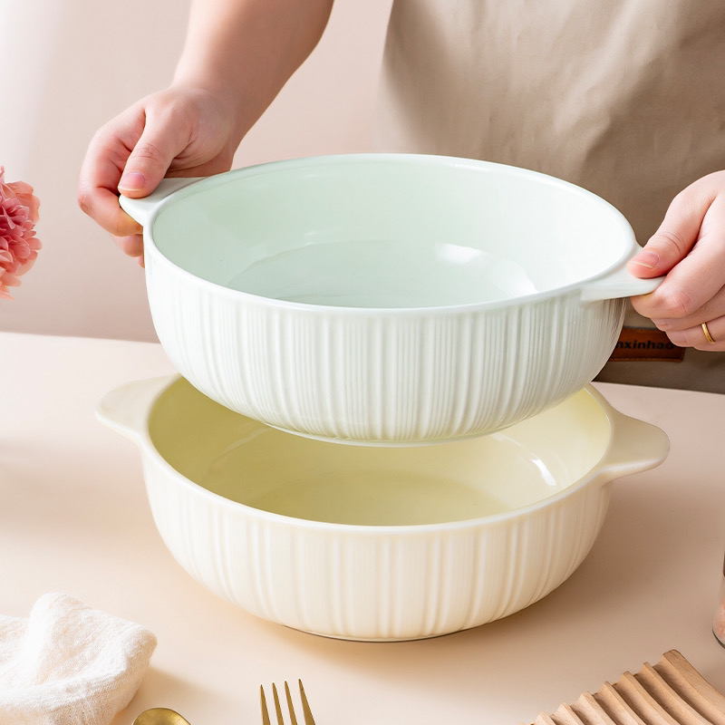 【奶白+奶绿】10.5英寸双耳大汤碗陶瓷碗盆防烫汤盆2只