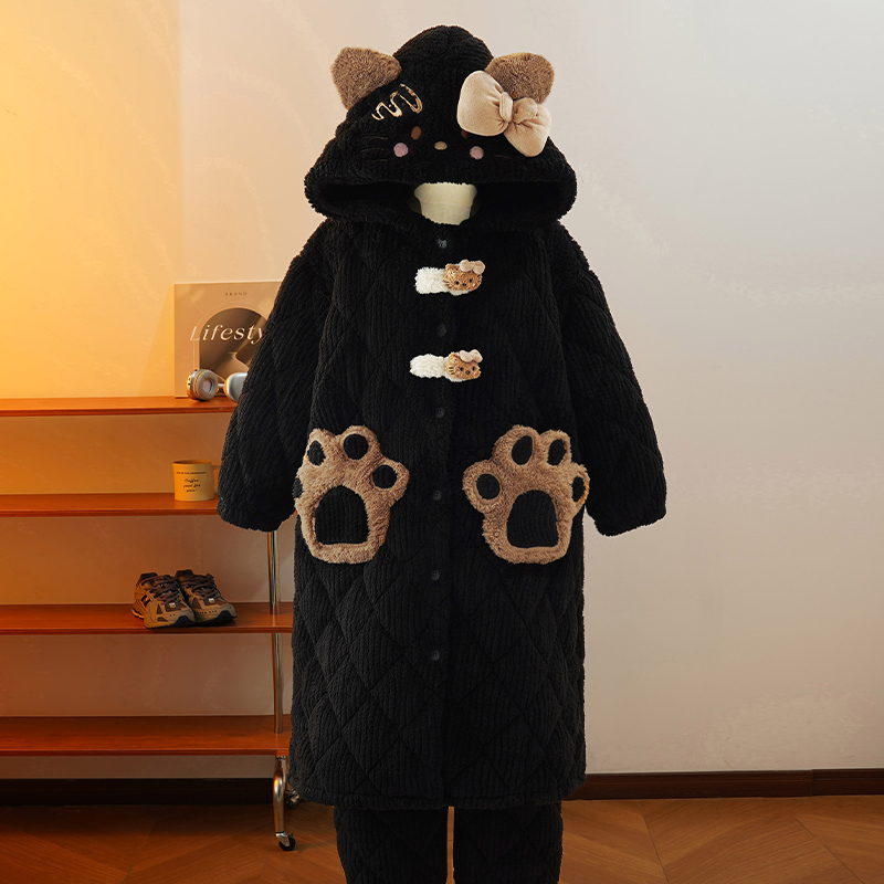 珊瑚绒睡衣女冬加厚加绒两件套2024年新款睡袍三层夹棉法兰绒套装