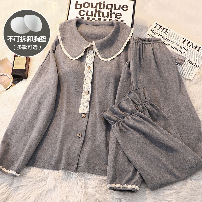 可外穿睡衣女春秋带胸垫学生长袖家居服2024新款简约日系宽松套装