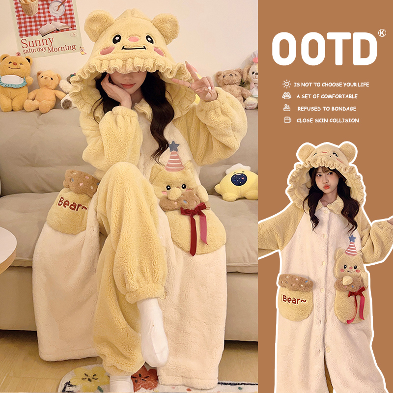 珊瑚绒睡袍女秋冬季法兰绒加绒加厚2024年新款保暖家居服睡衣套装