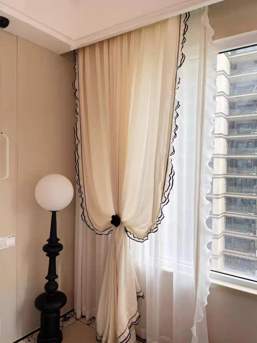 法式中古风浮雕透光不透人纱帘窗帘美式燕麦窗纱客厅卧室飘窗窗帘