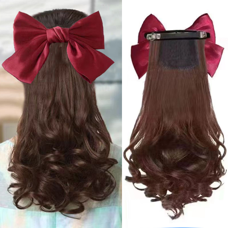 新品弹簧夹假发马尾35厘米蝴蝶结梨花卷可拆卸波浪卷自然减龄马尾