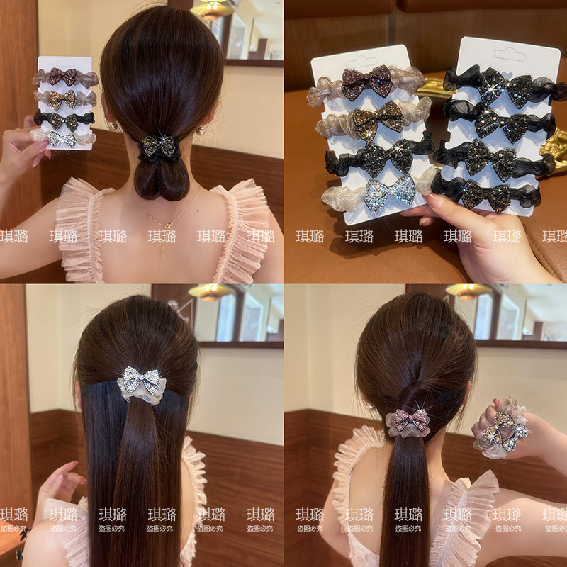 蝴蝶结闪钻网纱头绳女高级感扎头发绳气质百搭马尾发圈皮筋头饰夏