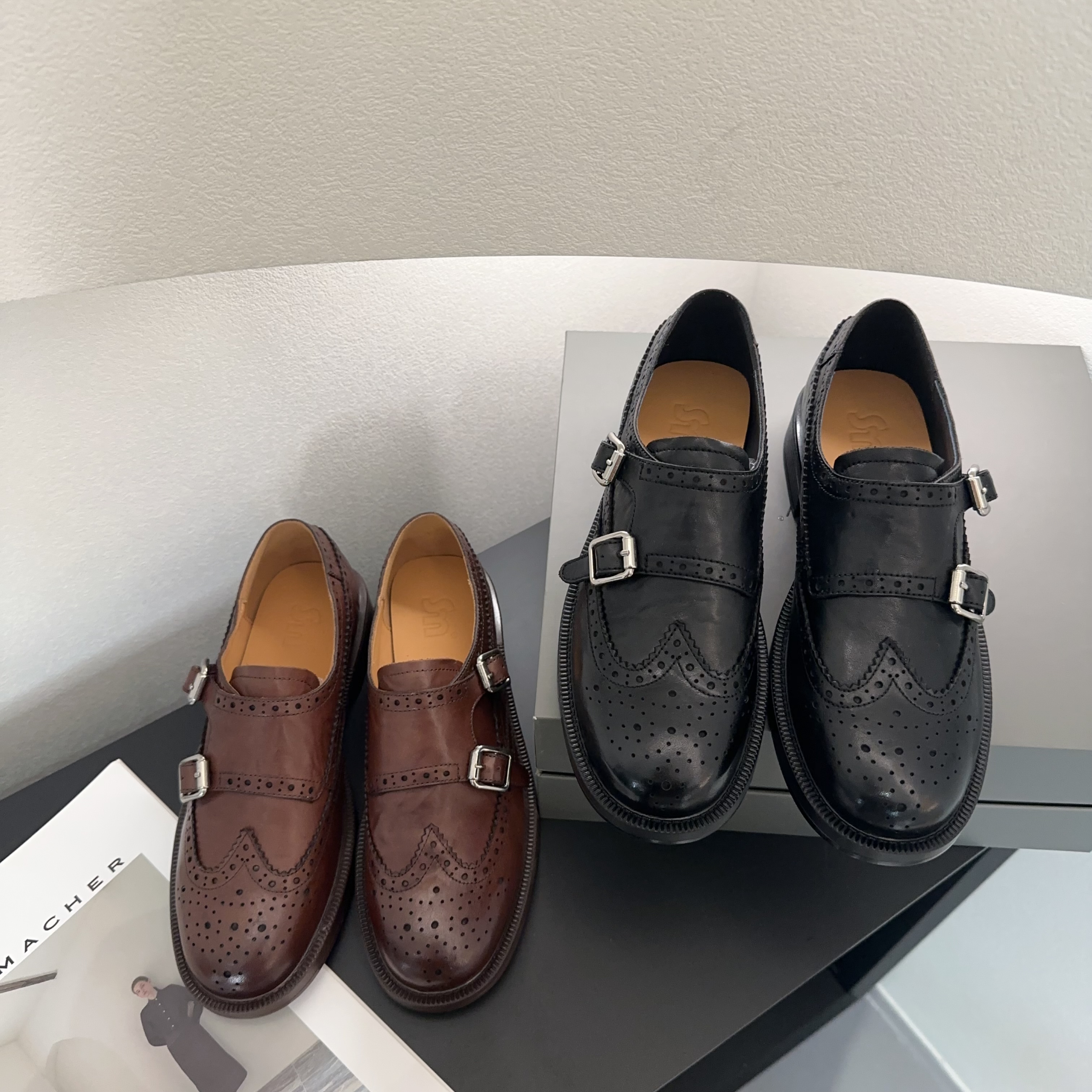 素陌港风复古小皮鞋女真皮乐福鞋复古英伦风雕花单鞋黑色鞋子5596