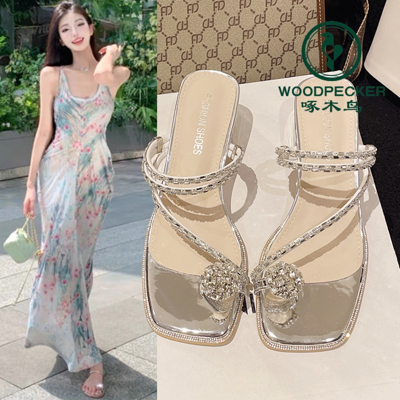 啄木鸟法式粗跟拖鞋女外穿2025夏新款爆款水钻凉拖鞋百搭两穿凉鞋